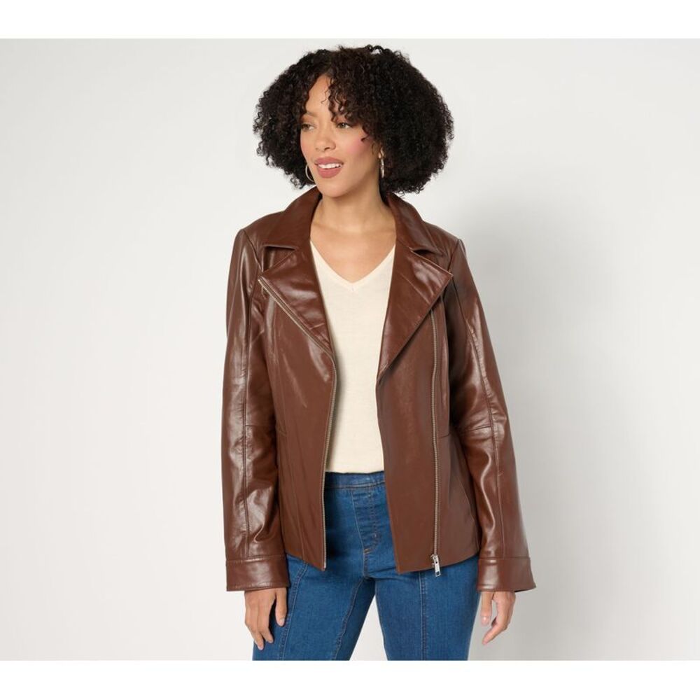 Denim & Co. Women's Jacket Sz S Lamb Leather Moto Pockets Brown A612795